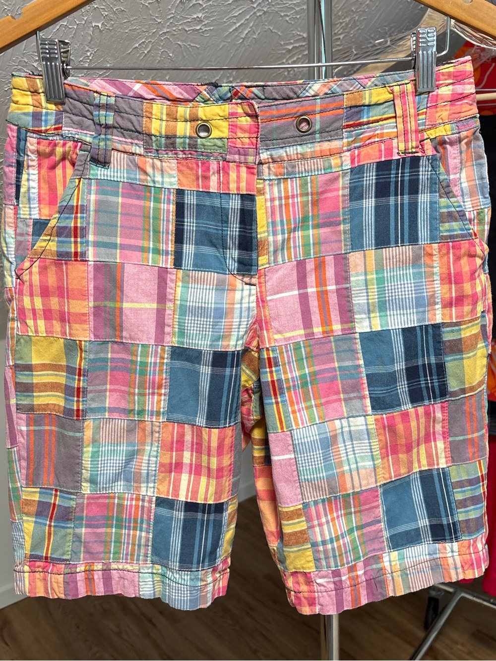 y2k patchwork madras bermuda shorts, Larry Levine size 6